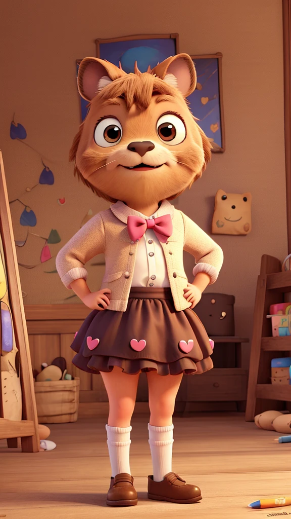 Sketch, Detailed drawing, Drawing with colored pencils,cute cartoon capybara , big eyes, full length, fashionable, in a tutu skirt, There is a bow on his head, hearts,
