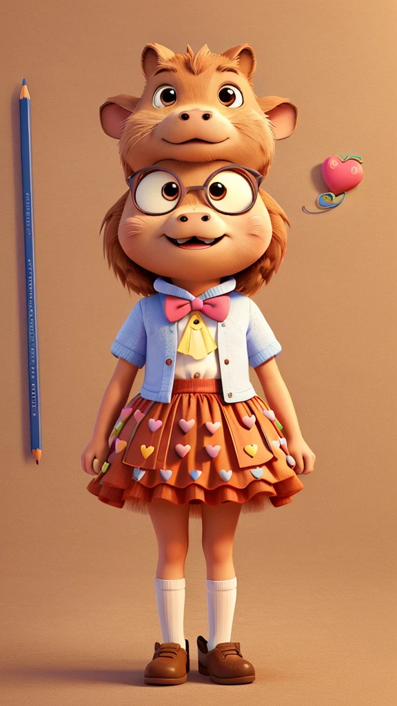 Sketch, Detailed drawing, Drawing with colored pencils,cute cartoon capybara , big eyes, full length, fashionable, in a tutu skirt, There is a bow on his head, hearts,