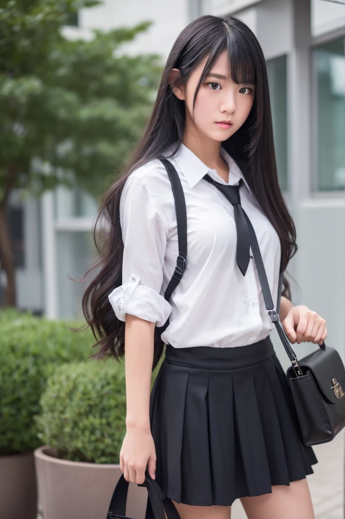 in school, A girl, Frontal lobe, Black long hair, Black skirt, Bag, angry, revile, Very detailed, 4K