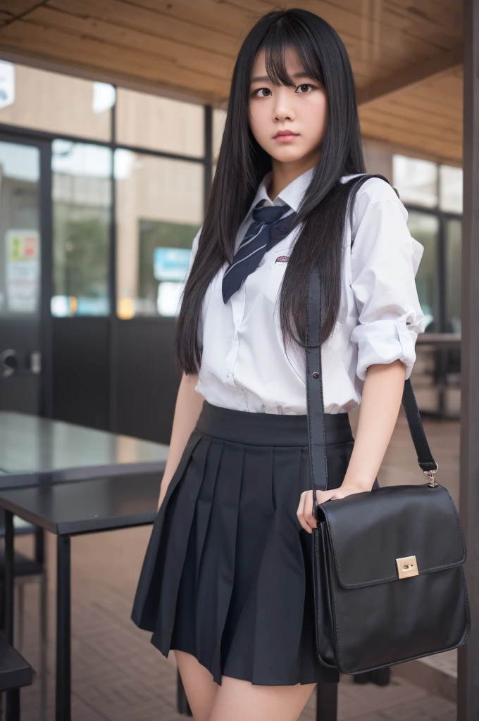 in school, A girl, Frontal lobe, Black long hair, Black skirt, Bag, angry, revile, Very detailed, 4K