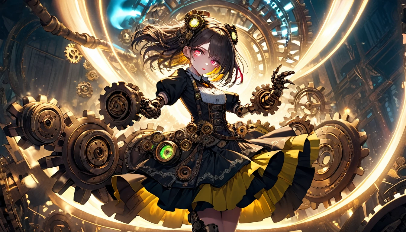 a broken mechanical doll dancing, anime, 1girl, detailed face, detailed eyes, detailed lips, extremely detailed, intricate machinery, glowing eyes, mechanical limbs, complex gears and mechanisms, steam punk, vibrant colors, dynamic pose, dramatic lighting, cinematic composition, high quality, shooting from afar