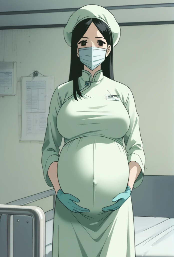 score_9, score_8_up, score_7_up, source_anime, raw image, masterpiece, highest quality, natural light, patient room background, kasuganoray, good shape, pale skin, shy eyes, big breasts, scrubs, surgical mask, bouffant cap, long sleeve cheongsam dress, navel head,
1girl, pregnant, solo, rubber gloves, looking down, furrowed brow, hospital bed, standing, even though she's pregnant she has a good figure