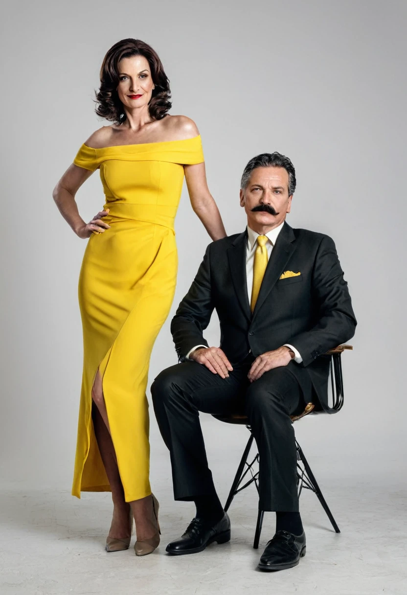 The man in his 50s with black very short hair and smooth face with moustache. The woman in her 50s with brown long wavy hair. The man is dressed in a black suit. The woman is wearing yellow strapless dress. The man is sitting on chair with legs crossed. The woman is standing next to the man and putting her hand on the man's shoulder. White background. Studio. Posing for magazine cover. Full length pose. 18mm lens. HDR. UHD. Cinematic.