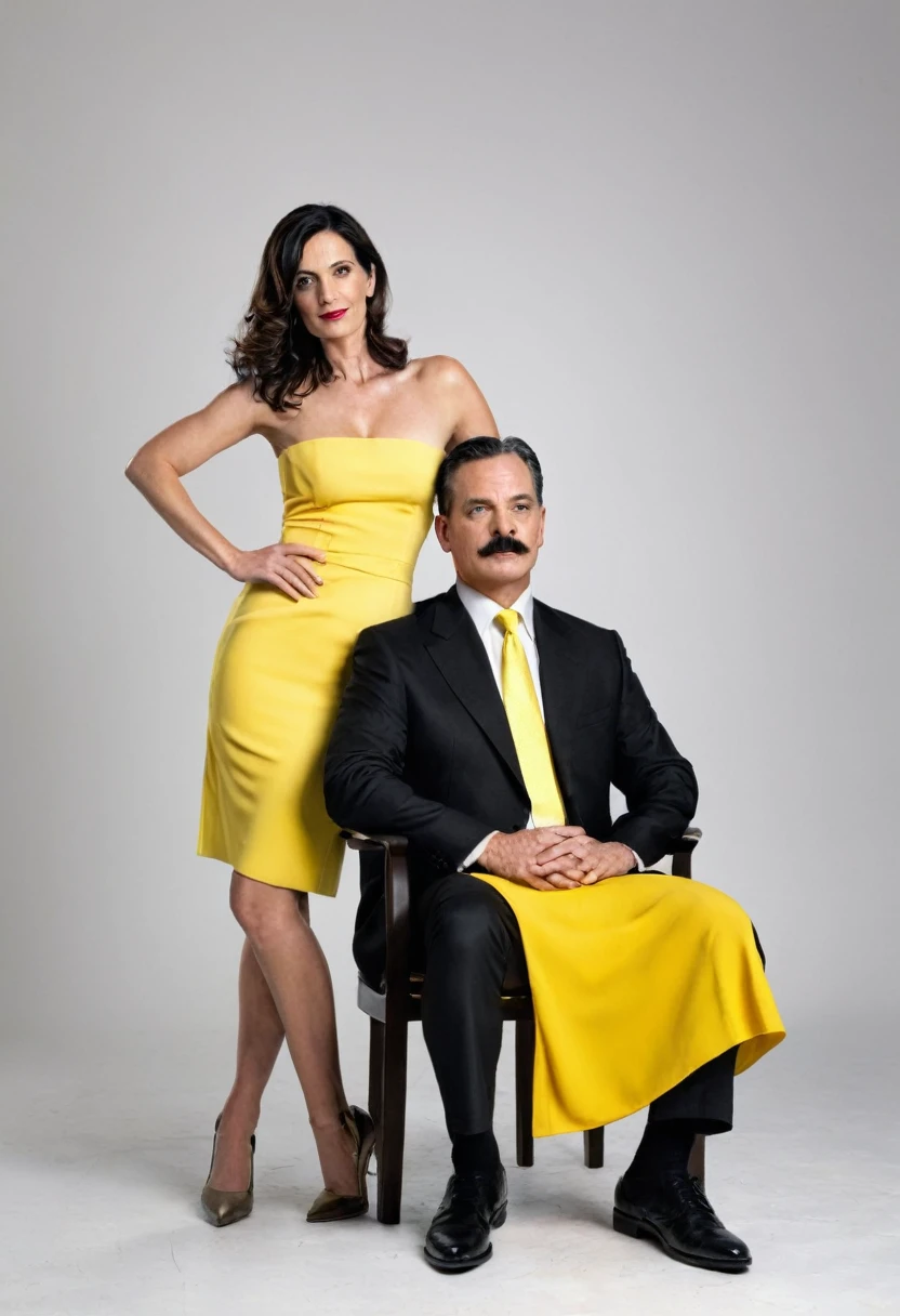 The man in his 50s with black very short hair and smooth face with moustache. The woman in her 50s with brown long wavy hair. The man is dressed in a black suit. The woman is wearing yellow strapless dress. The man is sitting on chair with legs crossed. The woman is standing next to the man and putting her hand on the man's shoulder. White background. Studio. Posing for magazine cover. Full length pose. 18mm lens. HDR. UHD. Cinematic.