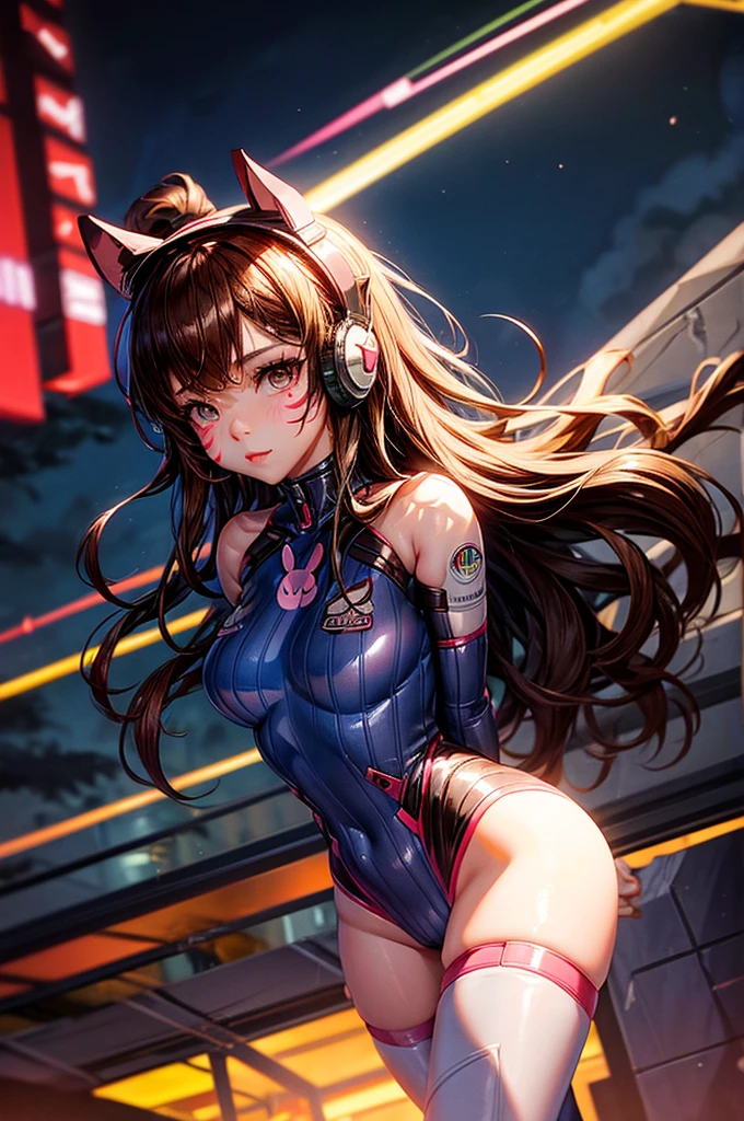 1girll, (D.va (Overwatch):0.8), Solo, Long hair, whisker markings, tightsuit, Brown hair, face markings, mitts, Breasts, Brown eyes, pilotsuit, Earphone, White gloves, Medium breasts, sweeping bangs, skin tight, bangs, Bunny suit, latex bunny suit, shiny, sexual pose, Ribbed one-piece tights, facepaint, Pink lips, questionable, caring, Dark Alley, Night, Night sky, Red light, (Silhouette, hard light:1.2), flirty look