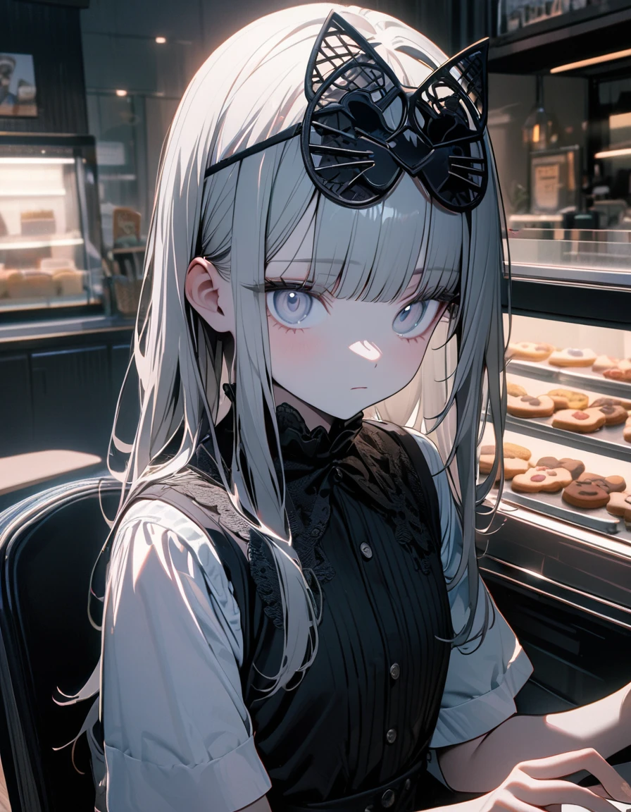 (8K, best quality, master piece: 1.2),super high resolution,1 girl,solo,16yo,ultra-detailed face,detailed eyes,silver eyes,blunt bangs,silver hair,Straight hair,Long hair,pale skin,white short sleeve petal collar blouse,black tiered skirt,(black Fascinator),expressionless,lash extension,rim light,perfect hands, perfect fingers,(eatinga softcream topping with cat-shaped cookies),Looking at viewer,sitting on chair, ,indoors Icecream shop