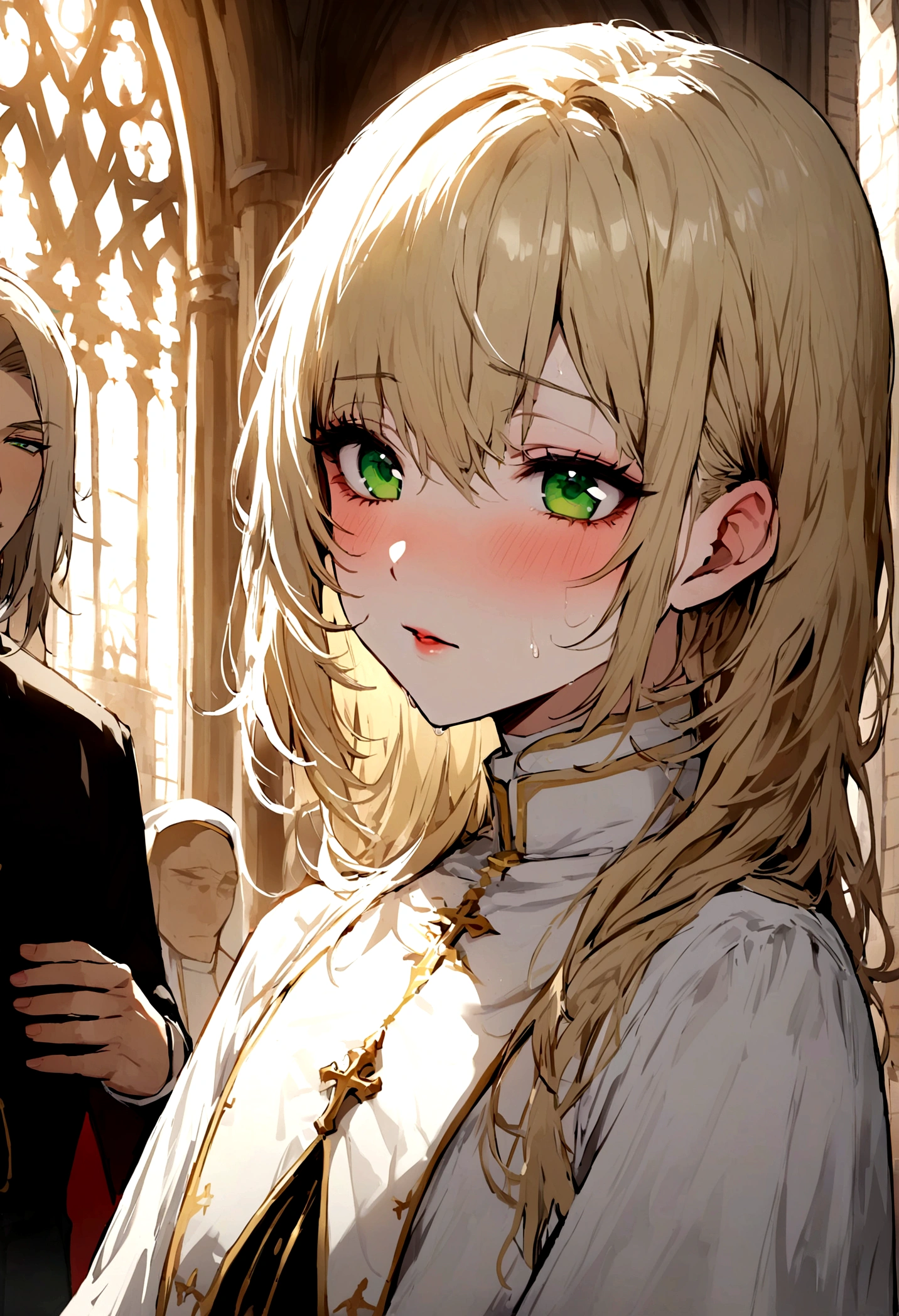 unparalleled beauty, pretty boy, naturally beautiful face, 1boy, extremely light blonde hair, green eyes, sexually arousing, , priest, holy, church background, sunny