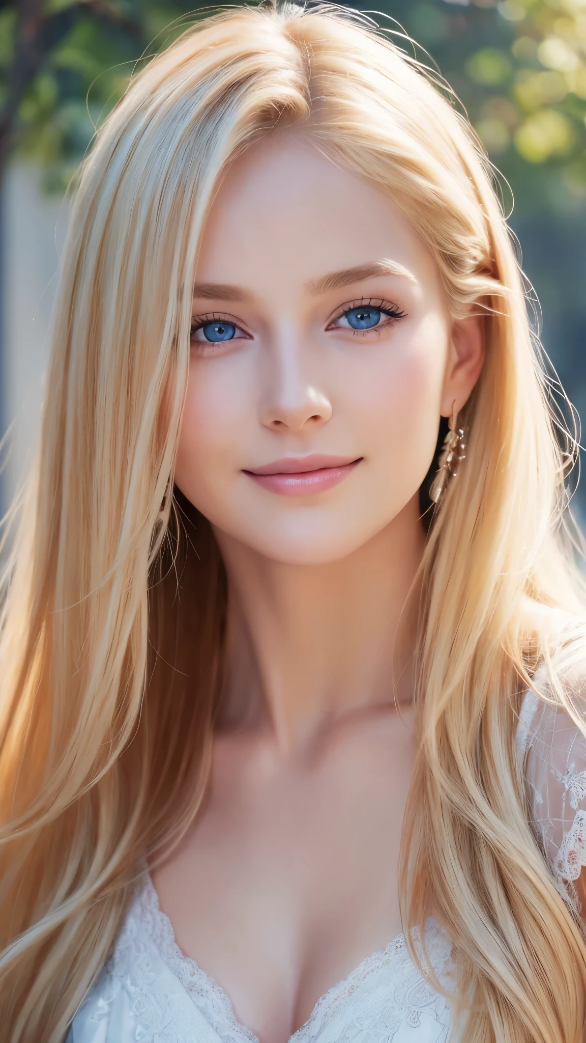 Soft portrait of a beautiful blonde woman, Flowing blond hair, Attractive blue eyes, Beautiful, A bright smile, Natural Makeup, Dress elegantly, Gentle expression, A faint blush, Warm skin tone, Wonderful lighting, Soft shadows, High resolution digital, Realistic style, Artistic Interpretation, Created by a skilled portrait painter.