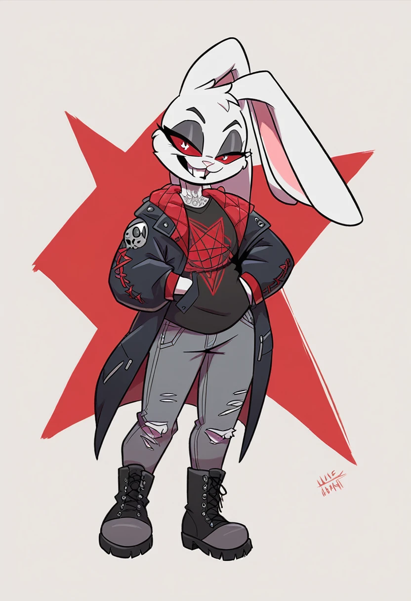 girl about 10 years old, with long ears of a lop-eared rabbit,body build thin, sinewy, Elongated, looks like a toy or cartoon character. Eternal smile, absorbs food through teeth. The coat color is snow-white with red stripes in the form of tattoos, a large red diamond is depicted on the head of clothing: black jumper with pentagram ,gray jeans and black boots