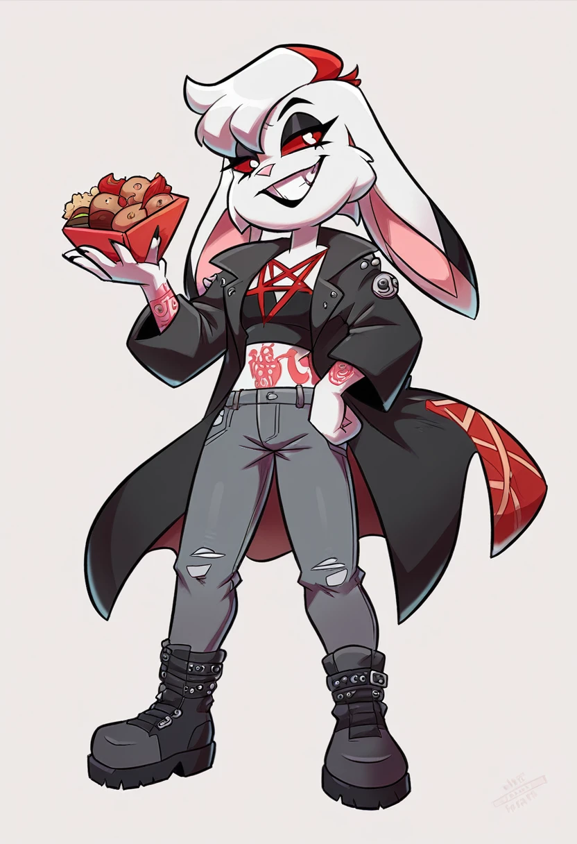 girl about , with long ears of a lop-eared rabbit,body build thin, sinewy, Elongated, looks like a toy or cartoon character. Eternal smile, absorbs food through teeth. The coat color is snow-white with red stripes in the form of tattoos, a large red diamond is depicted on the head of clothing: black jumper with pentagram ,gray jeans and black boots