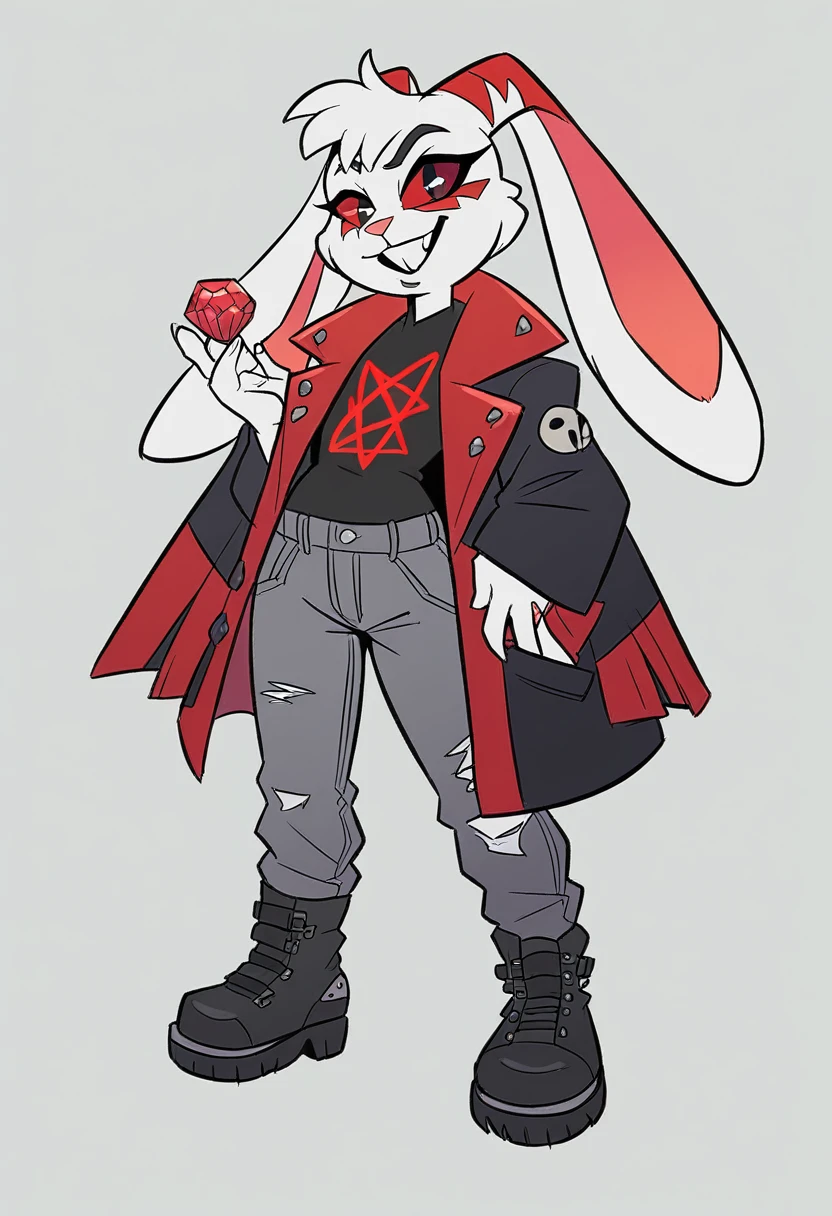 girl about , with long ears of a lop-eared rabbit,body build thin, sinewy, Elongated, looks like a toy or cartoon character. Eternal smile, absorbs food through teeth. The coat color is snow-white with red stripes in the form of tattoos, a large red diamond is depicted on the head of clothing: black jumper with pentagram ,gray jeans and black boots