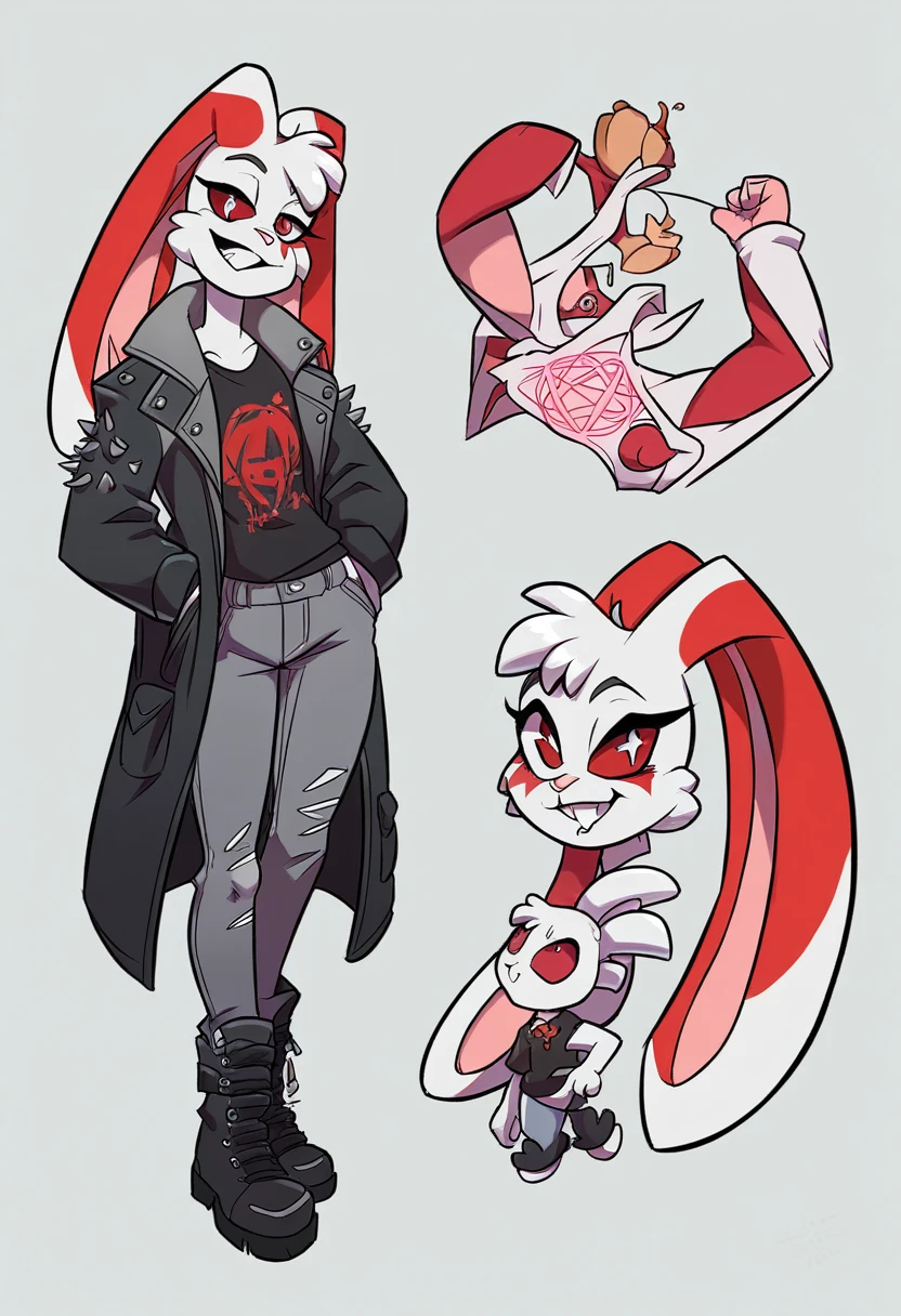 girl about 10 years old, with long ears of a lop-eared rabbit,body build thin, sinewy, Elongated, looks like a toy or cartoon character. Eternal smile, absorbs food through teeth. The coat color is snow-white with red stripes in the form of tattoos, a large red diamond is depicted on the head of clothing: black jumper with pentagram ,gray jeans and black boots