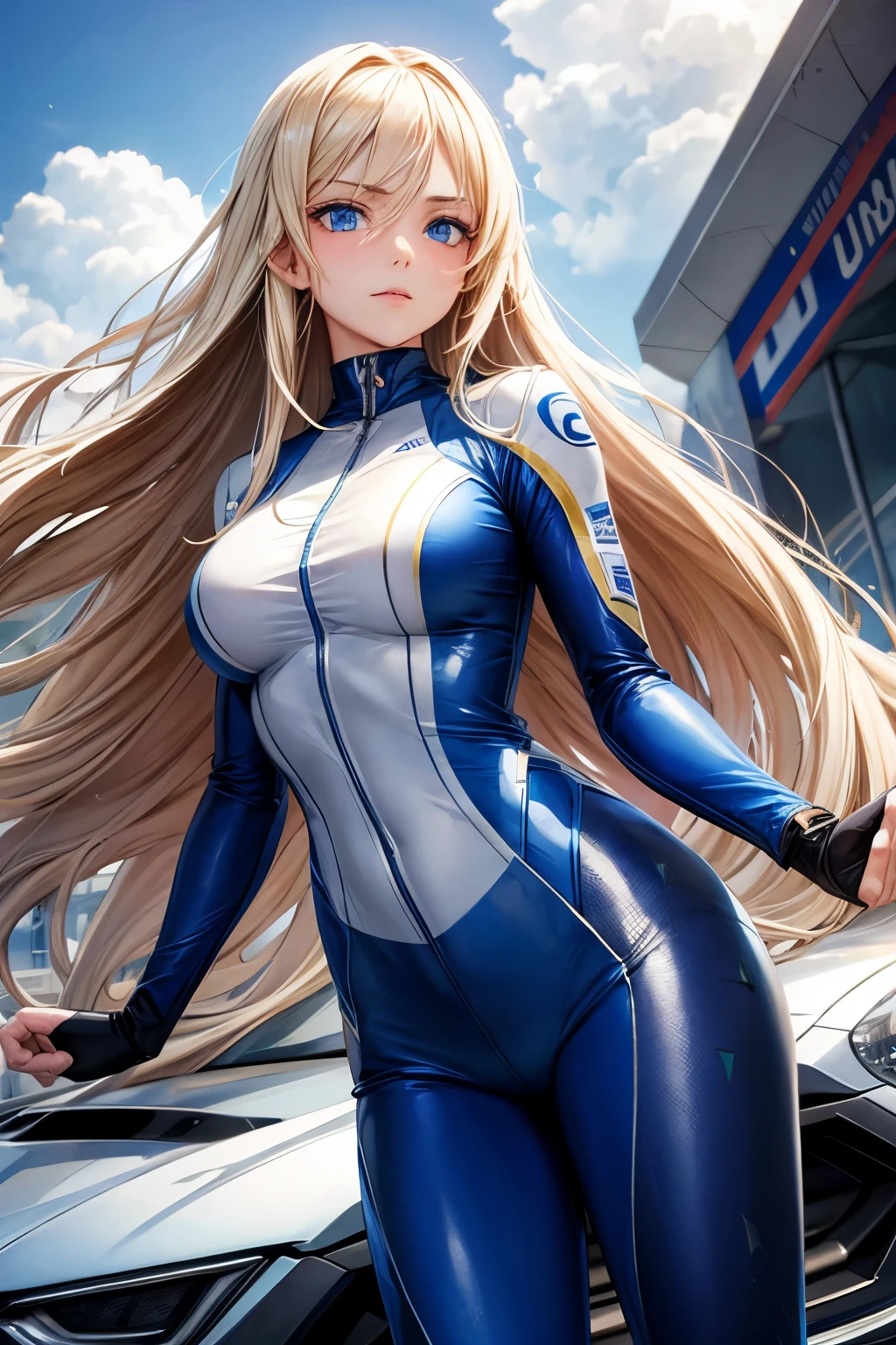 Long blond hair, blue eyes, girl, eldest lady, proud, arrogant, Racing suits