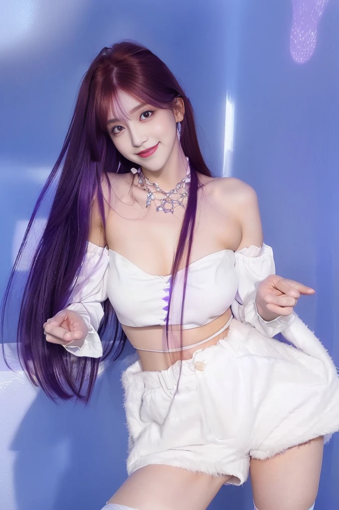 1Girl, 2k, Ultra hd, (((dark orange violet hair))), wearing a white crop top, sweet smile, glossy, fluffy white pants, white sleeve stockings, (((purple eyes))), fair skin, body goals, (((cute face)))