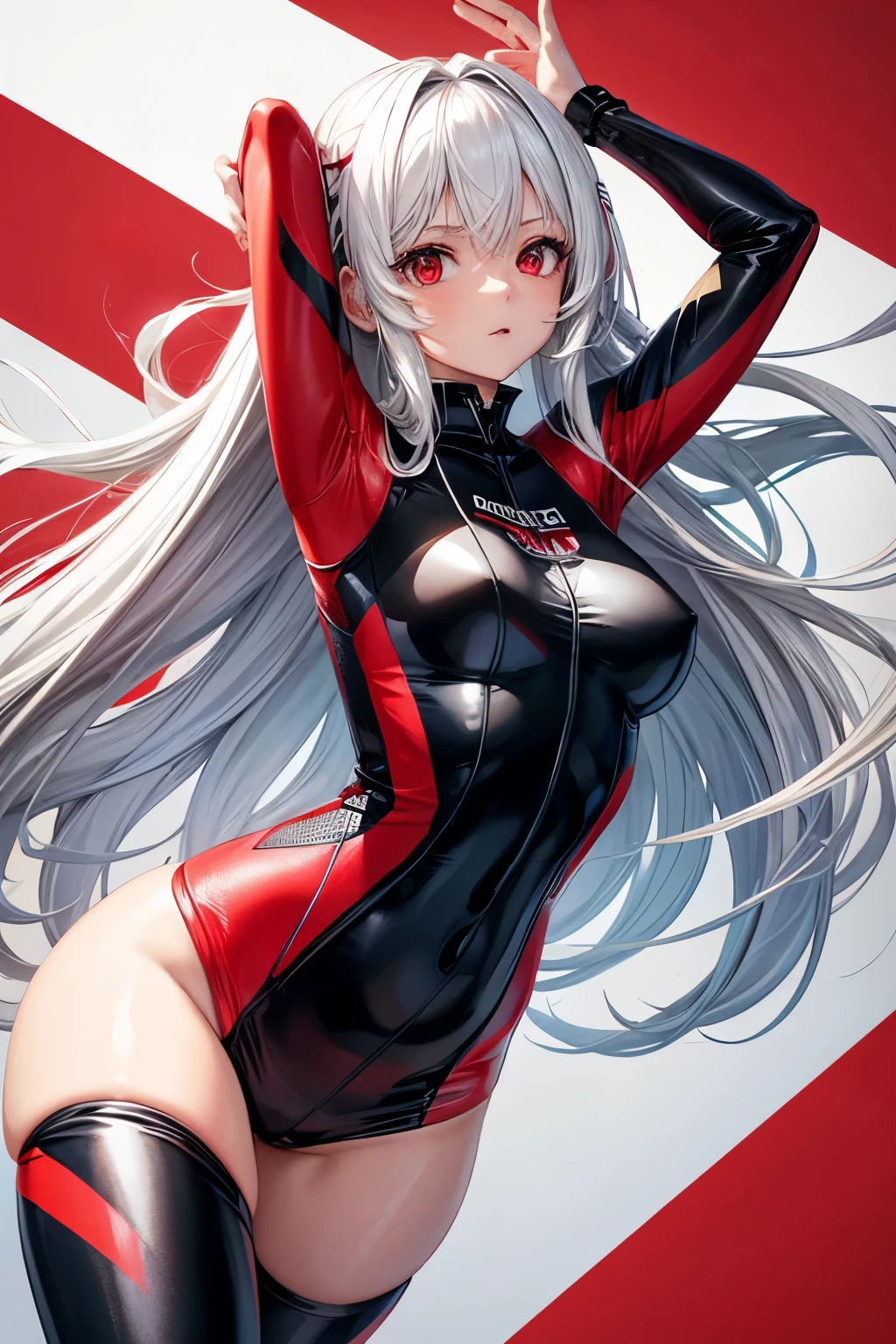 long white hair，red eyes，Girl，Racing suits