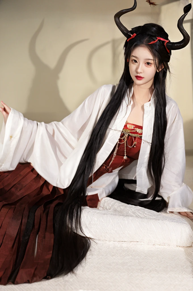 1female naga,horns,white shirt,pleated skirt,school,lying,realistic