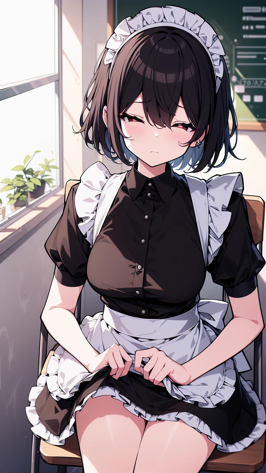 (cowboy shot),(ultra-high resolution, depth of field:1.2),Zenless Zone Zero,(Elen Joe:1.1),1woman,mature,black hair,short hair,inner color hair,(red eyes),medium breasts,crossed arms,maid dress,shark tail,maid apron,maid headdress,piercing,short sleeves,in classroom,sitting,sleepy,closed eyes,sit in a chair,skirt lift,skirt hold,disgust,disgusted