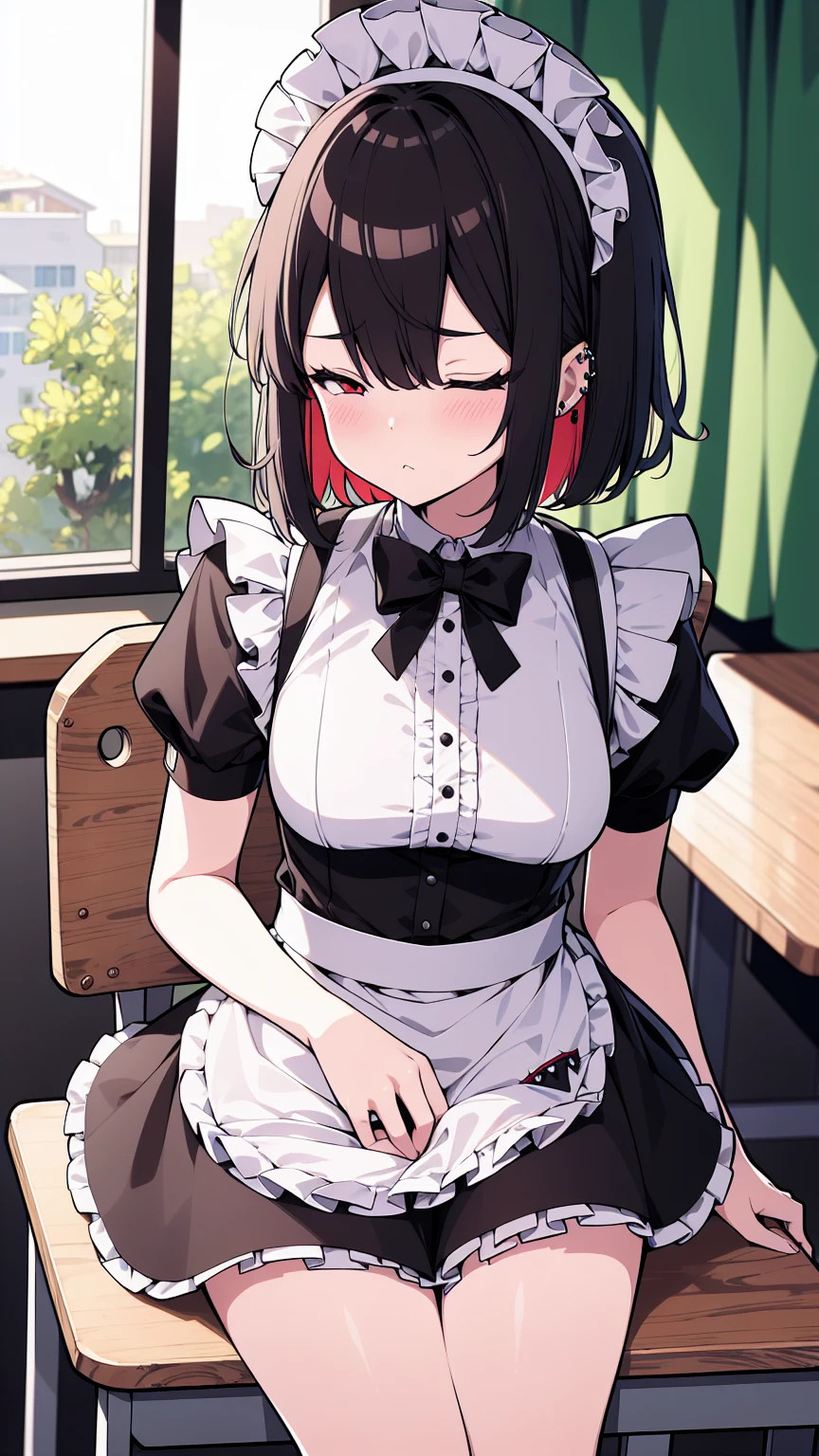 (cowboy shot),(ultra-high resolution, depth of field:1.2),Zenless Zone Zero,(Elen Joe:1.1),1woman,mature,black hair,short hair,inner color hair,(red eyes),medium breasts,crossed arms,maid dress,shark tail,maid apron,maid headdress,piercing,short sleeves,in classroom,sitting,sleepy,closed eyes,sit in a chair,skirt lift,skirt hold,disgust,disgusted