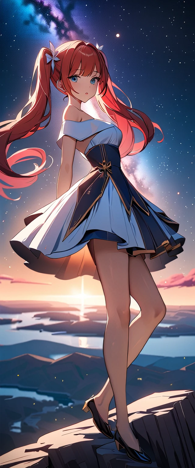 Photo of a high school girl with natural skin, Golden and red gradient hair in twin tails, Sharp eyes with blue eyeshadow, A thin, upturned nose, Well-shaped lips, Hourglass-shaped body shape, White off-the-shoulder dress, Makeup, Exquisitely crafted with the utmost attention to detail, Vibrant, amazing, Smooth, Cinematic, 4K, Backlight, Atop a cliff with a beautiful starry sky, Shallow depth of field.