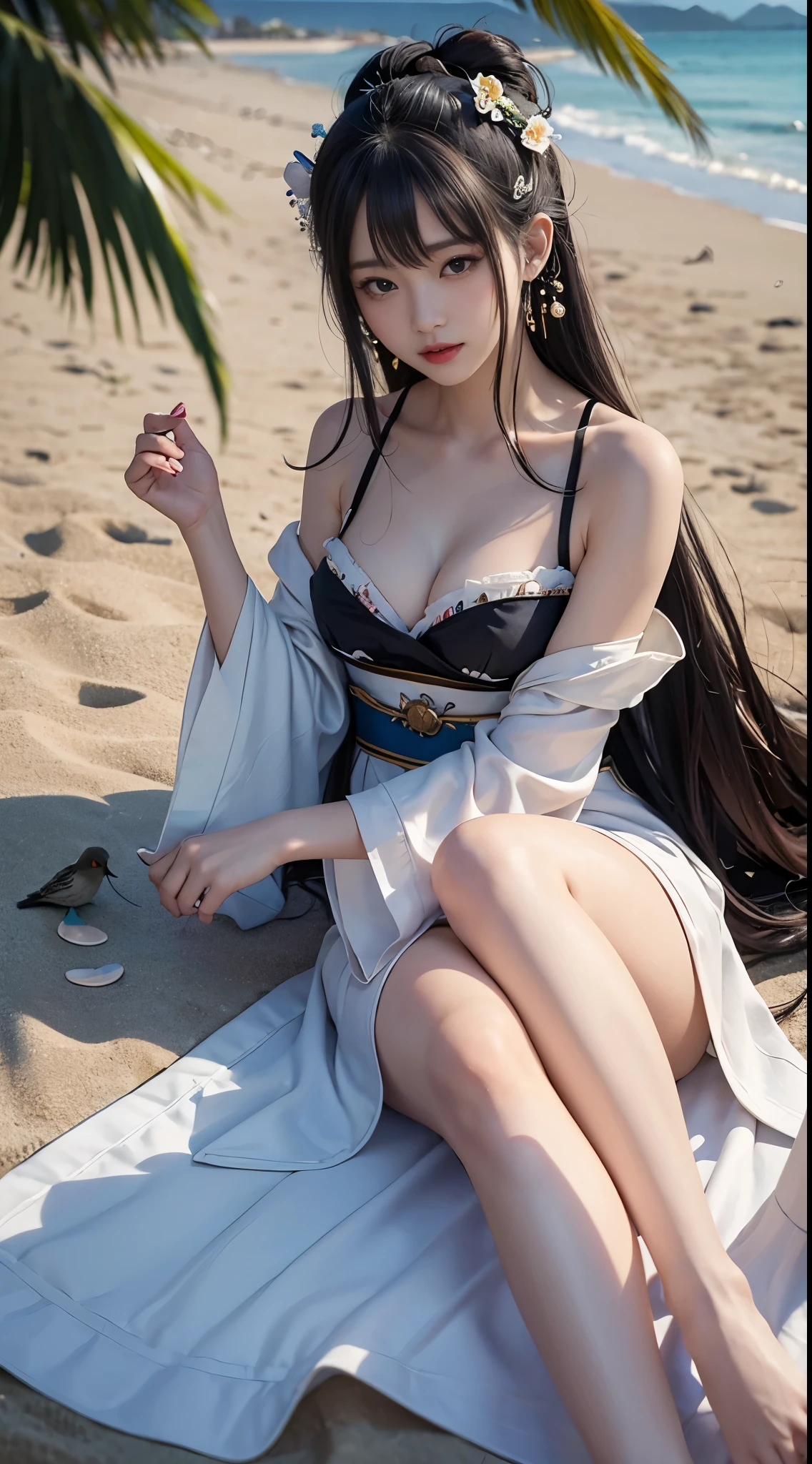 Hanfu, (masterpiece, best quality:1.2), 1 Girl, Solitary, ((Bare shoulders)), ((I-type Valley)), ((E-cup)), (Practical:1.37), ((Lying on the beach)), ((Bird&#39;s-eye view shooting)), Sweet Girl, beautiful妆容, Exquisite makeup, Extremely beautiful eyes, Long hair, curls, slim, Large Breasts, cleveage, Sexy slender legs, The skirt is very short, Leaking sexy legs, Elegant Posture, best quality, correct, correct的手, correct的腿, 解剖学correct, Official Art, complicated, detail的脸, detail, lifelike, Very detailed, Astonishing, beautiful, Young and energetic, Charming model, Detailed CG uniform 8k wallpaper