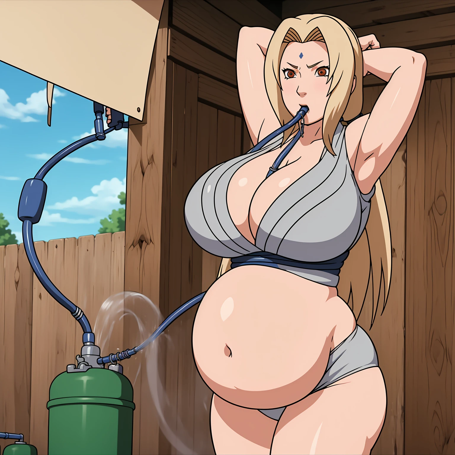 masterpiece， Best quality at best， (1girl)， Tsunade Senju， Large breast，（cleavage)，Raised sexy, long blonde hair, （brown eyeballs:1.4)，the cherry tree, busty figure, huge breats, busty, cleavage, scared, ((big belly)), shocked, open mouth, (hands behind head:1.4), (solo:1.5), (helium tank:1.3), (hose inflation:1.3), (hose in mouth:1.3), inflating