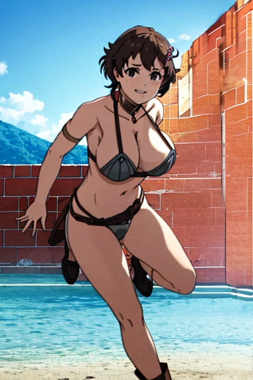 masterpiece, best quality, beautiful art, high resolution, well formed hands, body and fingers, 1 woman, solo, Vierra , full body , grown up, adult, huge and round breasted, cleavage, hair ornament, bikini_armor, full body, sexy and skimpy bikini, red boots, gorgeous hips, legs and thighs bouncing breasts, doing exercise, warming up, working out, sexy and captivating training, smiling joyfully and happily , looking at the viewer, panties peek, sweating , bouncing breasts, t back thong, training montage session, beach environment