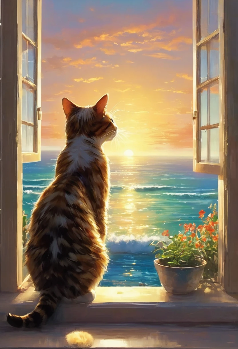 The view from the window is amazing,sunrise,Ocean,horizon,peaceful,Cat on the windowsill