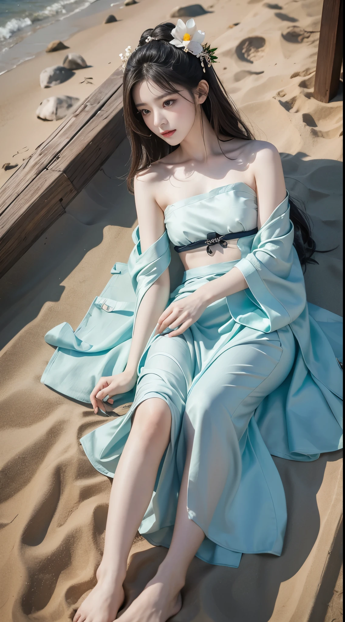 Hanfu, (masterpiece, best quality:1.2), 1 Girl, Solitary, ((Bare shoulders)), ((I-type Valley)), ((E-cup)), (Practical:1.37), ((Lying on the beach)), ((Bird&#39;s-eye view shooting)), Sweet Girl, beautiful妆容, Exquisite makeup, Extremely beautiful eyes, Long hair, curls, slim, Large Breasts, cleveage, Sexy slender legs, The skirt is very short, Leaking sexy legs, Elegant Posture, best quality, correct, correct的手, correct的腿, 解剖学correct, Official Art, complicated, detail的脸, detail, lifelike, Very detailed, Astonishing, beautiful, Young and energetic, Charming model, Detailed CG uniform 8k wallpaper