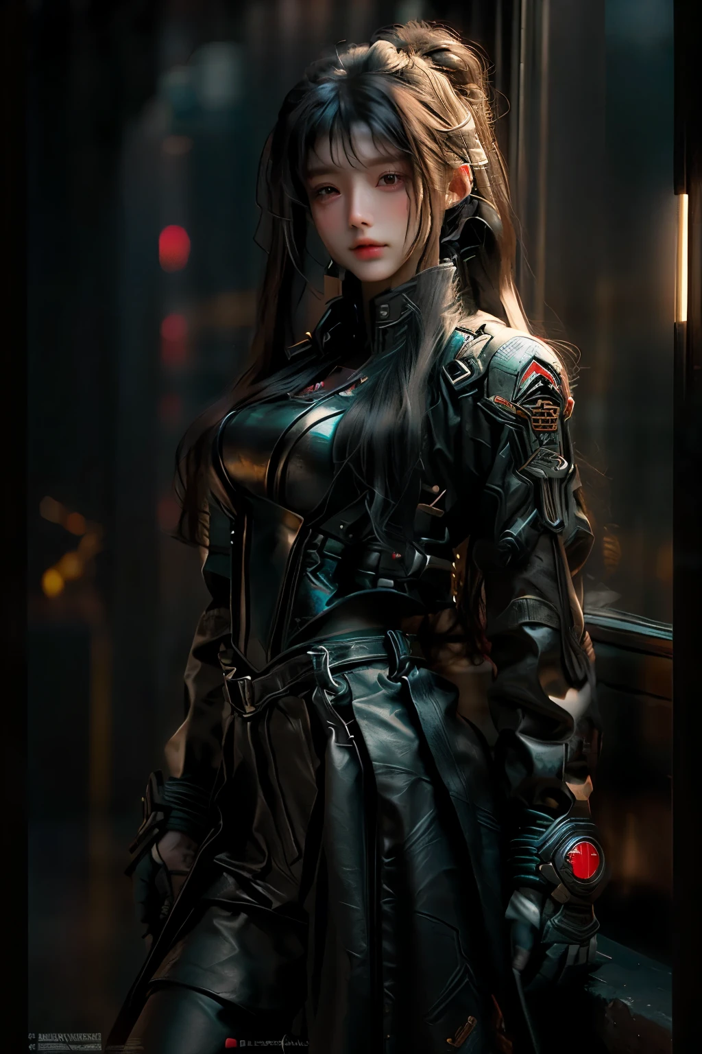 ((best quality)), ((Masterpiece)), (details:1.4), 3d, Image of a beautiful cyberpunk woman., HDR (high dynamic range), long hair, Black hair, future police, PBR surface,After processing,Anisotropic filtration,depth of field, Maximum clarity and clarity, multi-layered surface, perfect proportions, 8K raw files, รอยแผลเป็นบนใบหน้า, Yoru