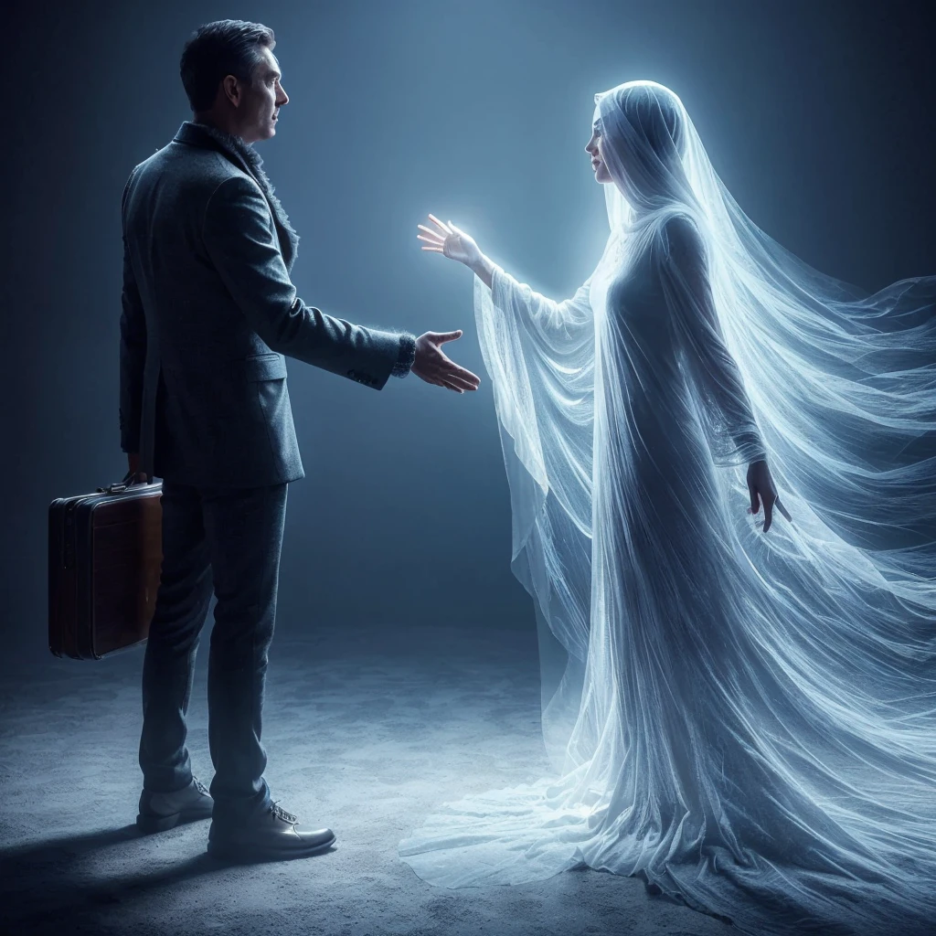 Very real image. The ghost of A man and a woman, greet with joy. Photorealism, full view, highly detailed image, very realistic, hyperrealism, Ultra HD, 8k, 5, sharp focus, intricate and mysterious masterpiece. (Long exposure photography Artistic illustration close-up portrait very detailed: final quality, medium shot, backlight, Rich and striking. Enigmatic and mysterious manipulations (composition of the rule of thirds), ((detailed environment with strong lines) The best quality, in camera, white light, warm and clean aesthetics, dazzling screen composed of millions of brilliant ultraviolet rays, HDR.