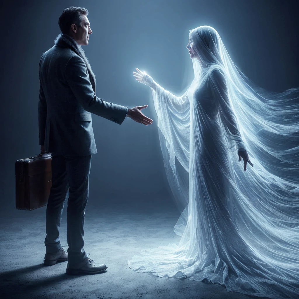 Very real image. The ghost of A man and a woman, greet with joy. Photorealism, full view, highly detailed image, very realistic, hyperrealism, Ultra HD, 8k, 5, sharp focus, intricate and mysterious masterpiece. (Long exposure photography Artistic illustration close-up portrait very detailed: final quality, medium shot, backlight, Rich and striking. Enigmatic and mysterious manipulations (composition of the rule of thirds), ((detailed environment with strong lines) The best quality, in camera, white light, warm and clean aesthetics, dazzling screen composed of millions of brilliant ultraviolet rays, HDR.