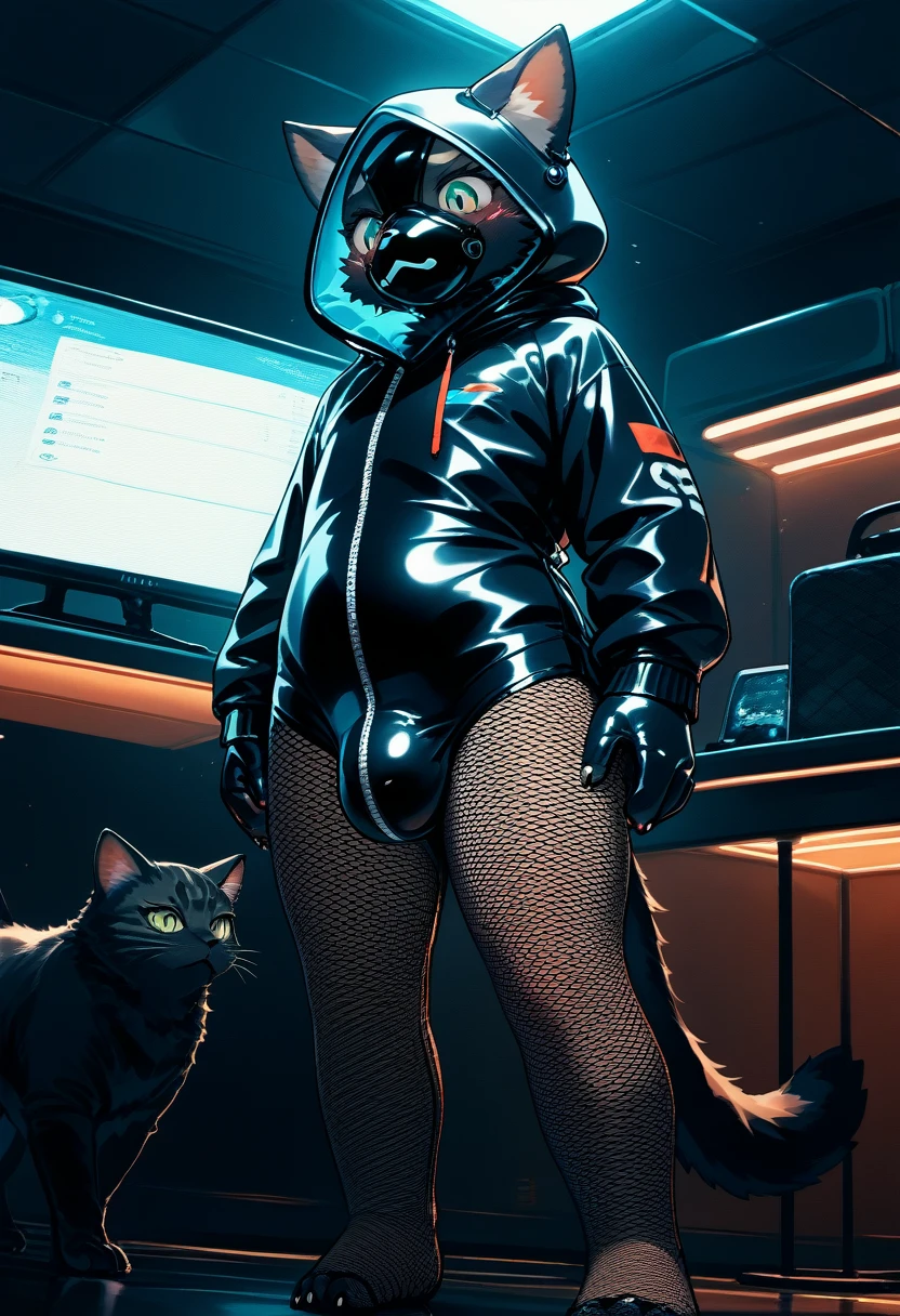 Highest quality, Highest quality, High quality illustrations, masterpiece, Ultra-high resolution, Detailed Background, Gaming Room, Absurd, Perfect Anatomy, performance, Good lighting, Shadows in the movies(kemono, Furry Personification), cat, Black Skin, Rubber suit, Rubber suit, latex, neon, neonライト, neonカラー, Fishnet tights, Rubber Hoodie,  Rubber Mask, Embarrassed, null bulge, male, juvenile