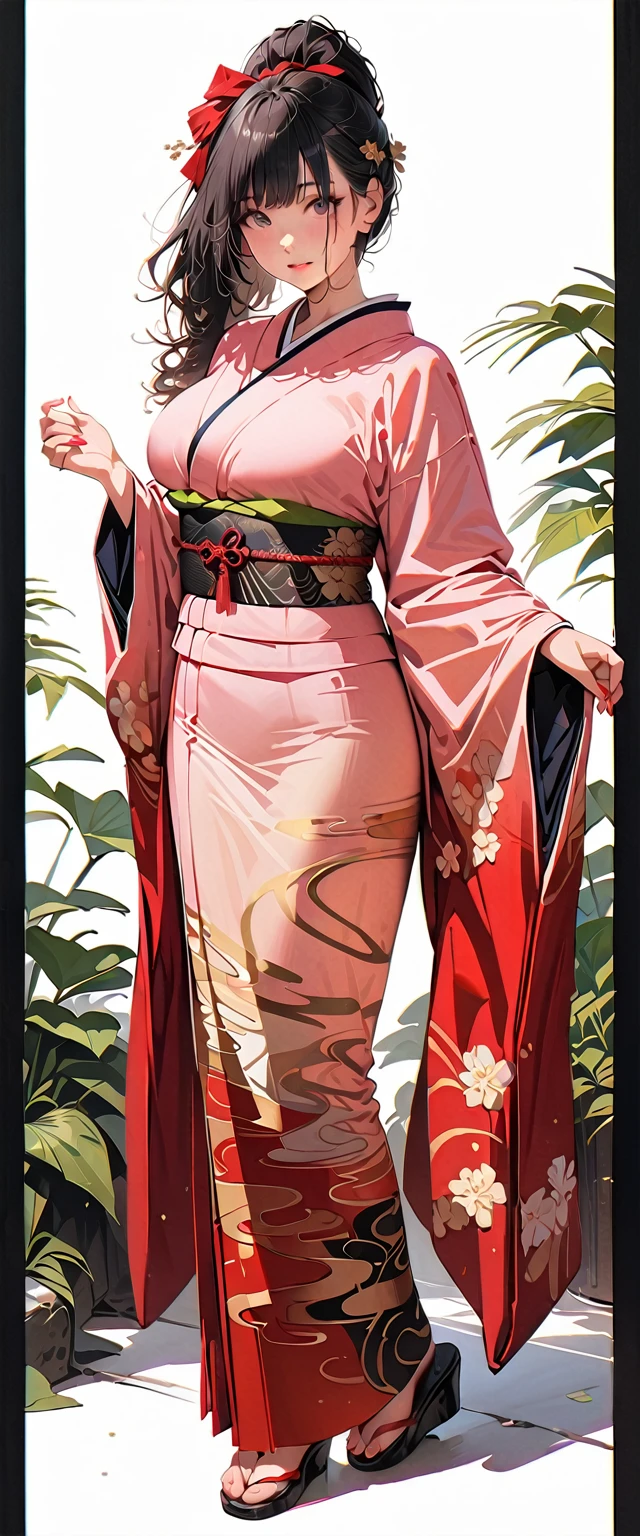 20 years old,1 mature woman,hyperrealistic, 8k, (extremely detailed 8k), (very delicate and beautiful), (masterpiece), (better quality:1.0), (ultra high resolution:1.0), (masterpiece, best quality),cute,black hair,ponytail,full body,white background,realistic skin,kimono,,model posing,big 