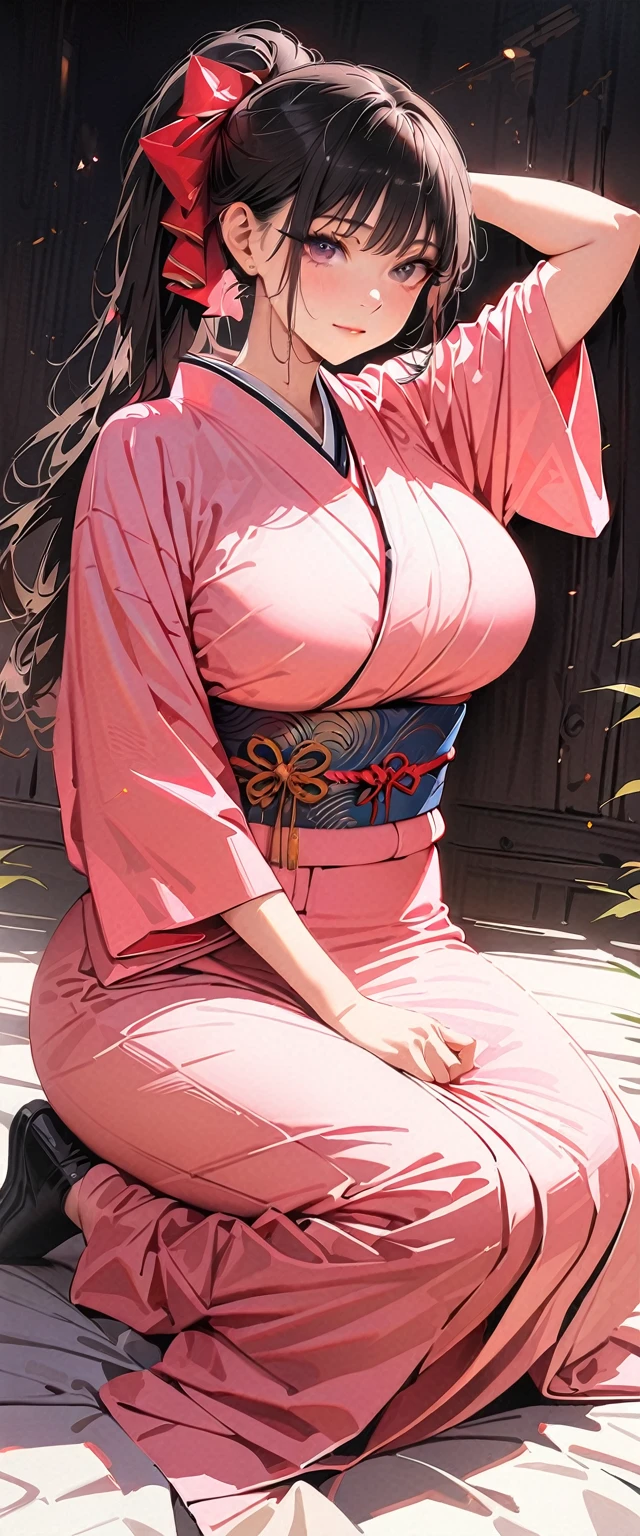 20 years old,1 mature woman,hyperrealistic, 8k, (extremely detailed 8k), (very delicate and beautiful), (masterpiece), (better quality:1.0), (ultra high resolution:1.0), (masterpiece, best quality),cute,black hair,big breasts,ponytail,POV,,full body,white background,realistic skin,looking at viewer,kimono