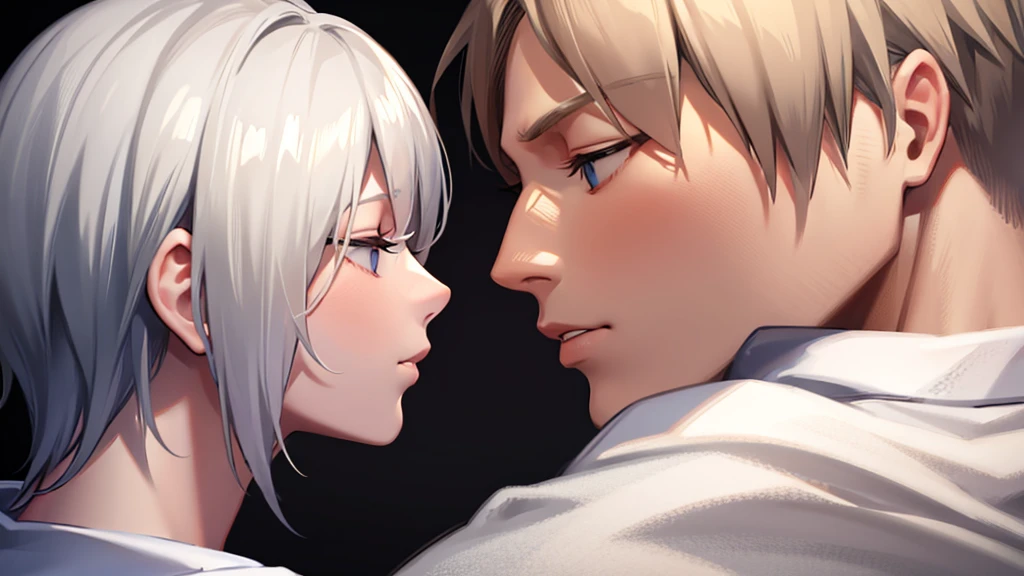 Tall man, tabby, White hair, wearing no shirt, kissing another man
