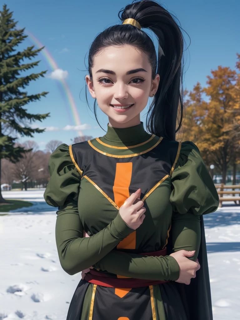 In the wires, black hair, black eyes, ponytail, Rainbow cape, White，Full body portrait，puffy sleeves, looking at viewer,smiling, close up portrait, outside, Grass, trees,park, winter, blue sky, high quality, masterpiece, 