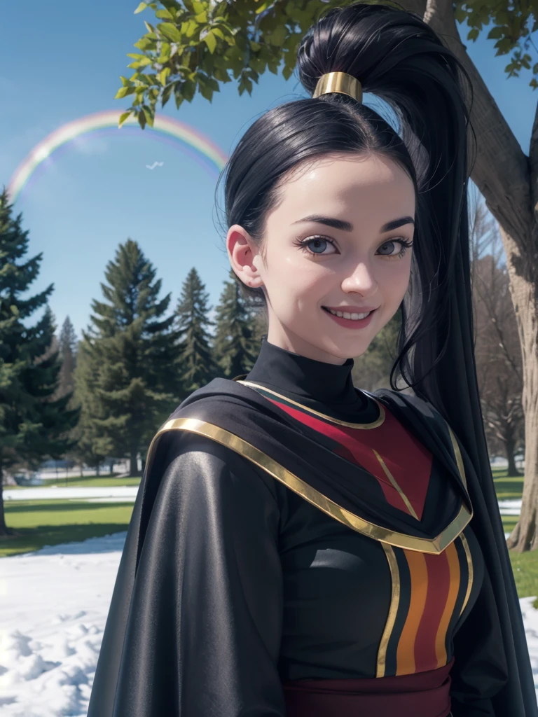 In the wires, black hair, black eyes, ponytail, Rainbow cape, White，Full body portrait，puffy sleeves, looking at viewer,smiling, close up portrait, outside, Grass, trees,park, winter, blue sky, high quality, masterpiece, 