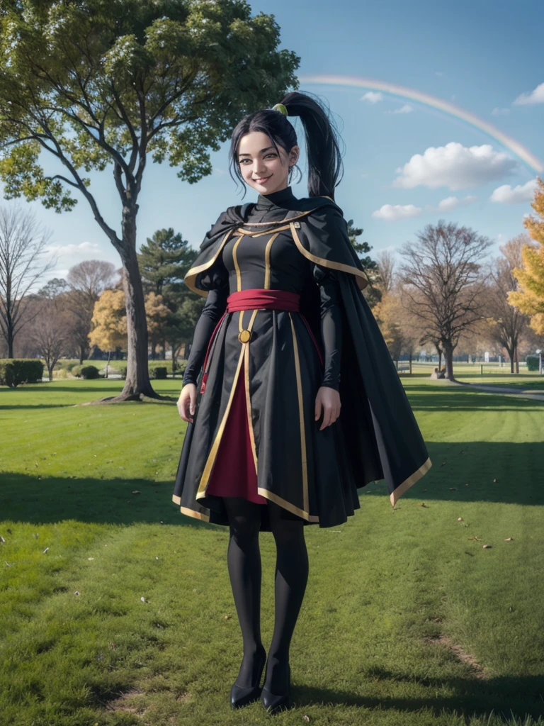 In the wires, black hair, black eyes, ponytail, Rainbow cape, White，Full body portrait，puffy sleeves, looking at viewer,smiling, close up portrait, outside, Grass, trees,park, winter, blue sky, high quality, masterpiece, 