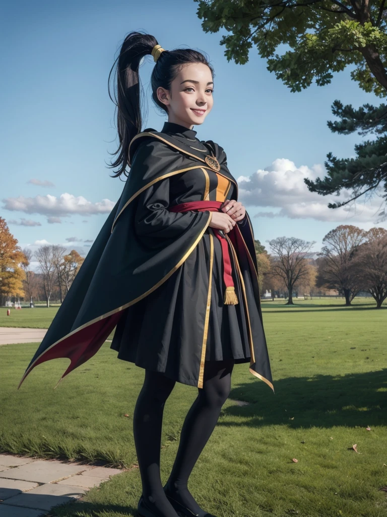 In the wires, black hair, black eyes, ponytail, Rainbow cape, White，Full body portrait，puffy sleeves, looking at viewer,smiling, close up portrait, outside, Grass, trees,park, winter, blue sky, high quality, masterpiece, 