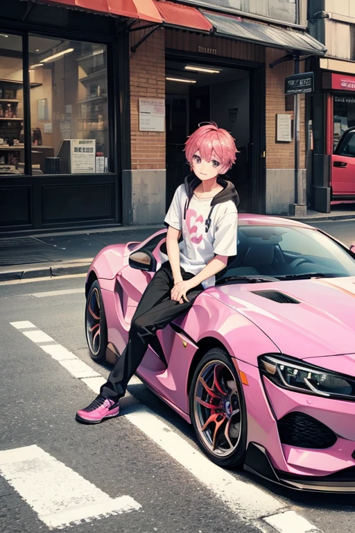 A boy sat in pink supra car near a shop near landscape