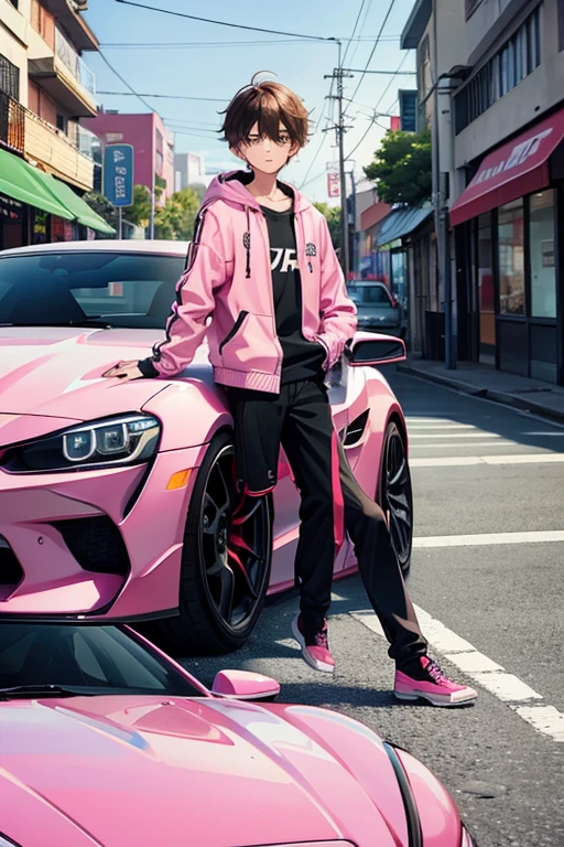 A boy sat in pink supra car near a shop near landscape