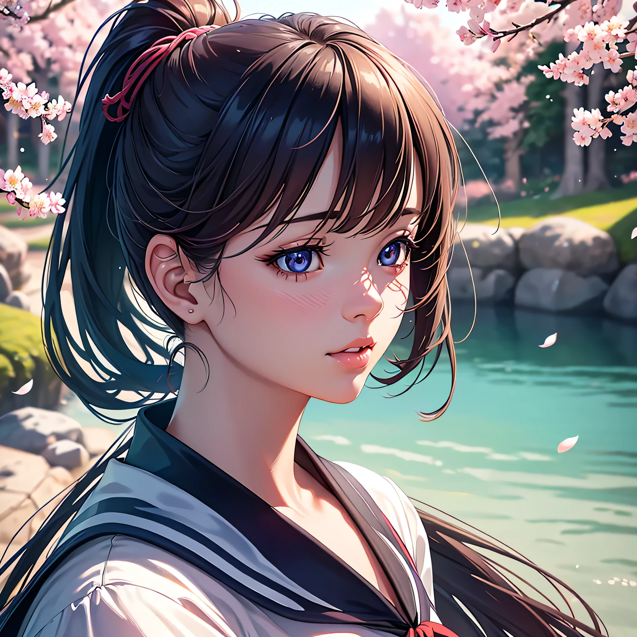 A high school girl in a Japanese , blouse with sailor collar, pleated skirt, hair in lively ponytail or flowing strands, riding a sleek and modern bike, cherry blossom trees lining the scenic path in the background, detailed gears and frame, vibrant and energetic, (best quality,4k,8k,highres,masterpiece:1.2),ultra-detailed,(realistic,photorealistic,photo-realistic:1.37),beautiful detailed eyes,beautiful detailed lips,extremely detailed eyes and face,longeyelashes,digital art,vibrant colors,dynamic composition,warm lighting,soft focus