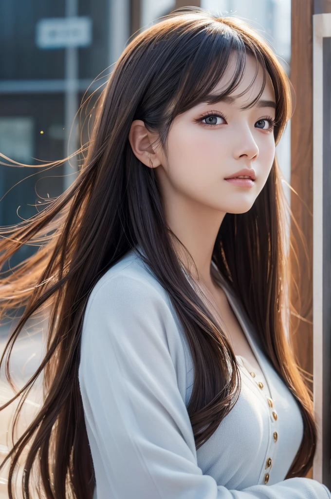 ((Highest quality)), ((masterpiece)), (detailed), Perfect Face, perfect detailed eyes, perfect detailed face, ultra-detailed nose, Waist-length thick hair, suit，Watery eyes, shine, Gorgeous Women, Realistic ,アニメ ,artstyle, 3d style, Digital anime illustration, Realism art style , 8K, cute girl painting, Japanese woman, standing, happy ,,painting,aldult