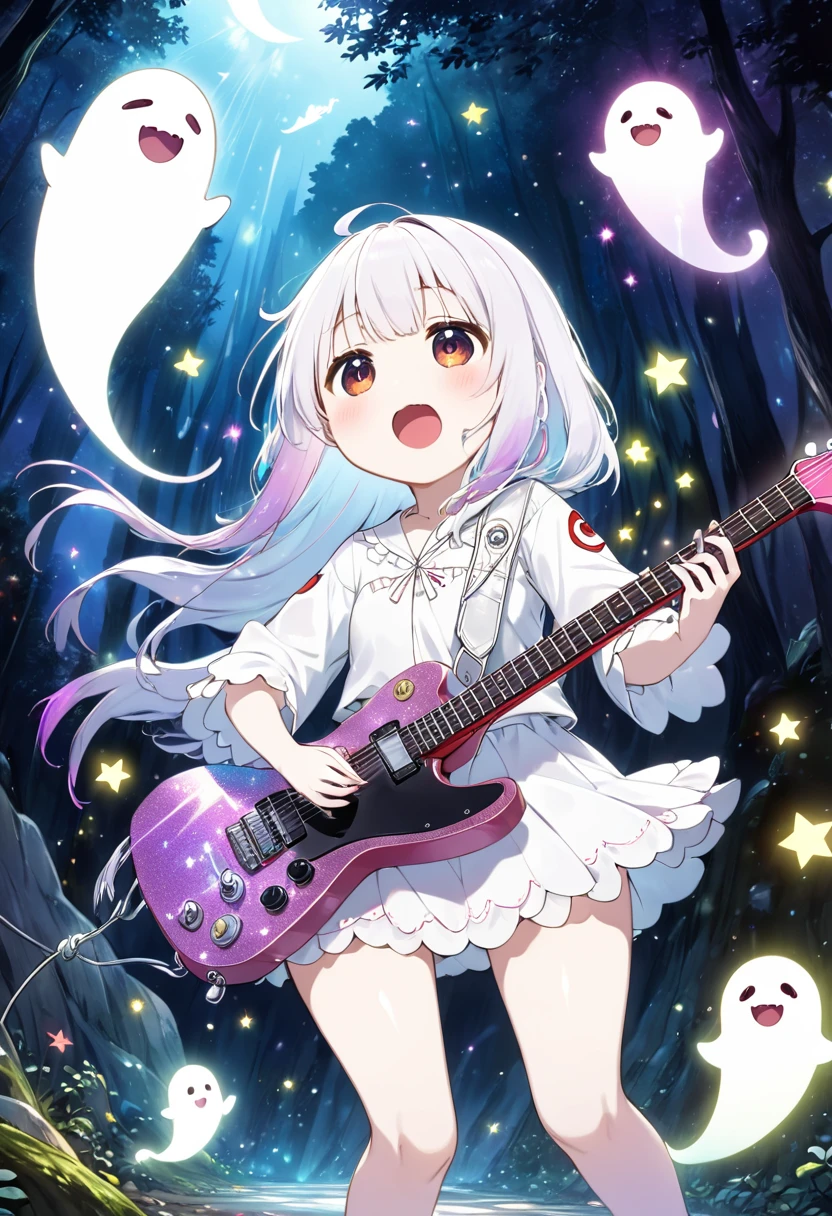 best quality, super fine, 16k, 2.5D, delicate and dynamic depiction, cute ghost live performance, singing, dancing notes, playing electric guitar, guitar with star-shaped iridescent glitter body, deep forest cave illuminated by moonlight, Shigeru Mizuki's art style, rough and cute illustrations, cute ghost fantasy, sparkling effects, ghost effects