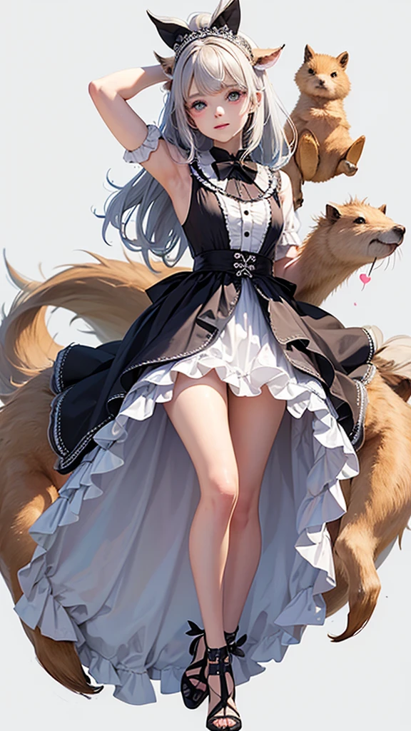 sketch on a white background, Detailed drawing, Drawing with colored pencils,cute cartoon capybara , big eyes, full length, fashionable, in a tutu skirt, There is a bow on his head, hearts,