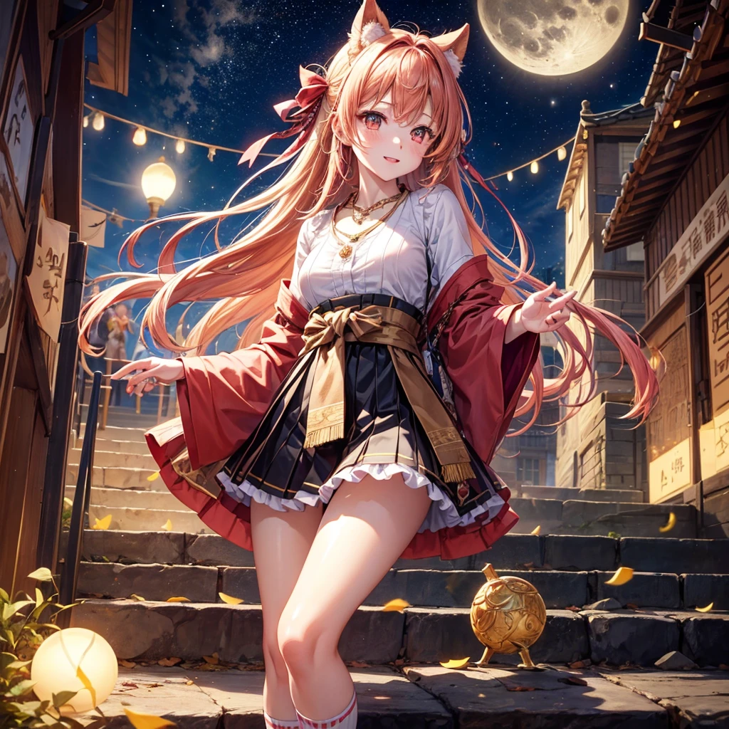 Pink, red, brown, gold, gold hair、Red gold eyes、Hair tied up、One good looking girl、solo、anime、Checkered mini skirt、Ruffles on the skirt、Checked dress、blouse、Kimono、Black knee-high socks、Ribbon、Ribbon on waist、Teeth are visible、Sparkly Necklace、From above、Cobblestones、waterfall、Starry Sky、Midnight Moon、suspension bridge、beam、Standing still、Transparent、Dragon flying、goddess、Edo、Confetti、Kicking、Ancient City、Arranging stones、Going down the stairs