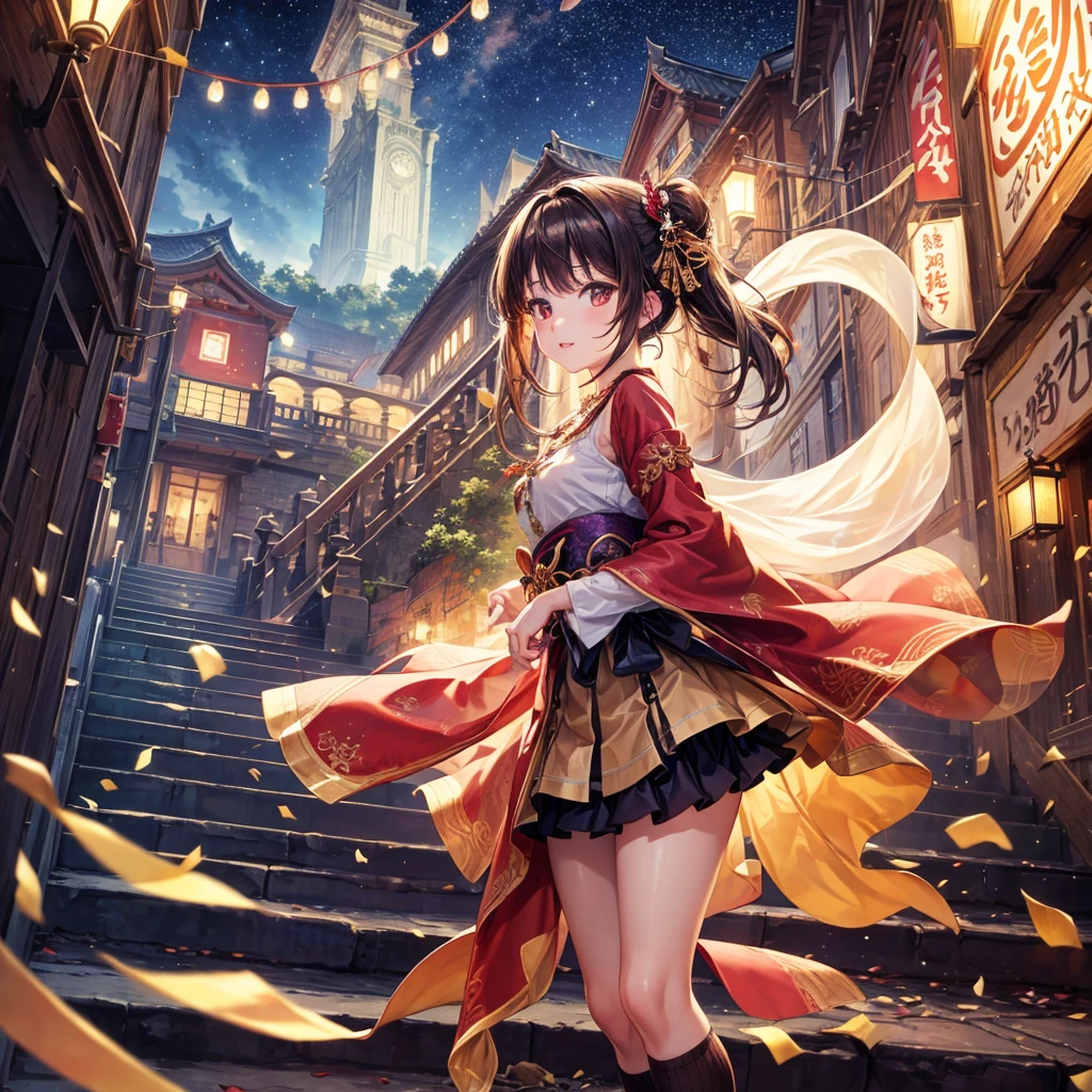 Pink, red, brown, gold, gold hair、Red gold eyes、Hair tied up、One good looking girl、solo、anime、Checkered mini skirt、Ruffles on the skirt、Checked dress、blouse、Kimono、Black knee-high socks、Ribbon、Ribbon on waist、Teeth are visible、Sparkly Necklace、From above、Cobblestones、waterfall、Starry Sky、Midnight Moon、suspension bridge、beam、Standing still、Transparent、Dragon flying、goddess、Edo、Confetti、Kicking、Ancient City、Arranging stones、Going down the stairs