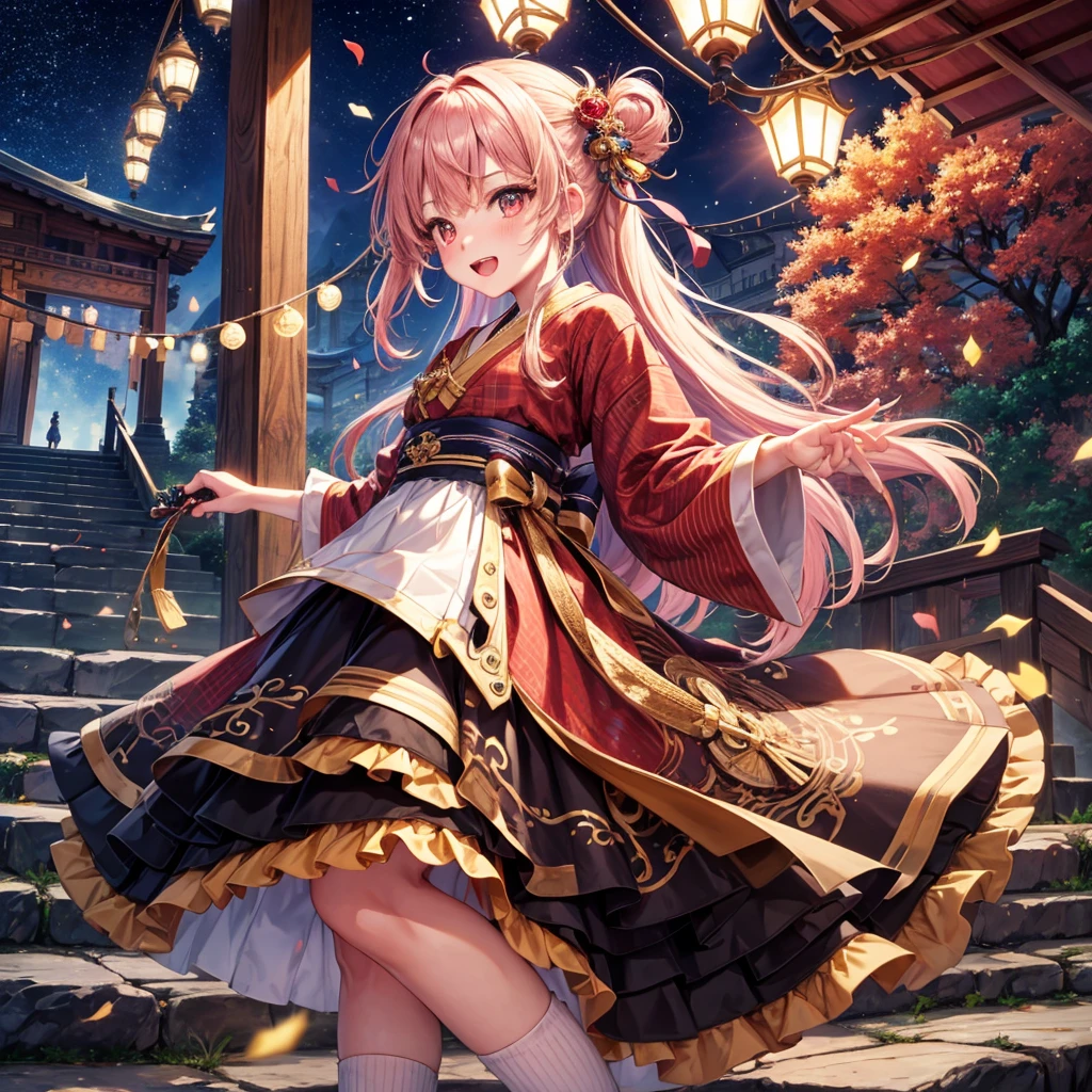 Pink, red, brown, gold, gold hair、Red gold eyes、Hair tied up、One good looking girl、solo、anime、Checkered mini skirt、Ruffles on the skirt、Checked dress、blouse、Kimono、Black knee-high socks、Ribbon、Ribbon on waist、Teeth are visible、Sparkly Necklace、From above、Cobblestones、waterfall、Starry Sky、Midnight Moon、suspension bridge、beam、Standing still、Transparent、Dragon flying、goddess、Edo、Confetti、Kicking、Ancient City、Arranging stones、Going down the stairs