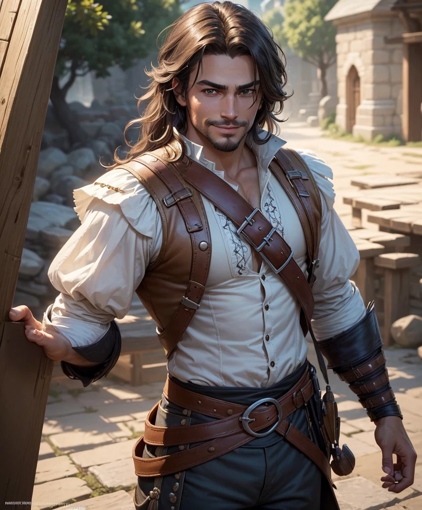 (((Single character image.))) (((1boy))) (((Dressed in medieval swashbuckler attire.))) (((Shoulder length hair))) This is a dashing male adventurer in a high fantasy setting. He is attractive to women and has all the attributes that make him a heartthrob. (1boy, one male) (male focus) ((front view)) (full body), (((muscular male, bodybuilder))), , (((Sexy smirk.))) thick epic, heroic, tanned, perfect face, (detailed facial features), cute smile, outdoor setting, highly detailed, volumetric light, artstation, strong erotic overtones, dressed in a puffy shirt and pirate vest flirty, best quality:1.0,hyperealistic:1.0,photorealistic:1.0,madly detailed CG unity 8k wallpaper:1.0,masterpiece:1.3,madly detailed photo:1.2, hyper-realistic lifelike texture:1.4, picture-perfect:1.0,8k, HQ,best quality:1.0,