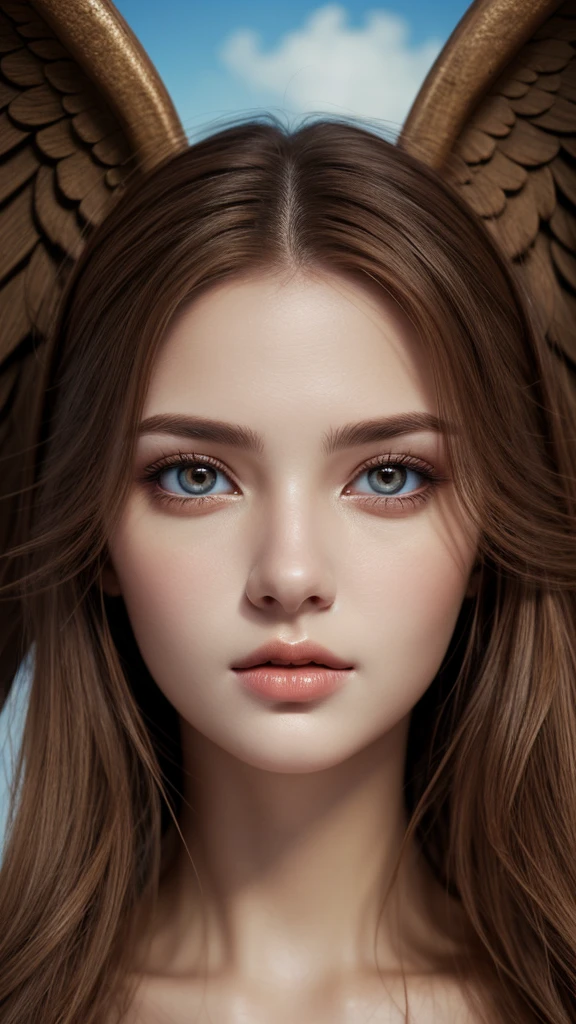 Realistic woman like in the photo, Woman brown eyes, Brown Hair, ultrahd, Surrealism style, Angel, Detailed face